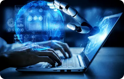 AI Analysis for calls human hands typing on a laptop as a robotic hand interacts with a digital globe displaying data analytics.