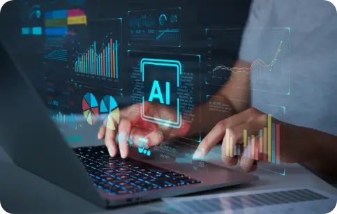 AI Analysis of reports person typing on a laptop with holographic AI icons, charts, and data visualizations projected above the keyboard.