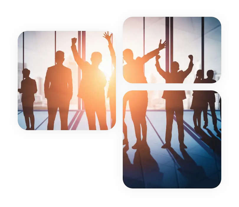 About us Axion Communications team silhouettes celebrating success in a modern office with sunlight streaming through large windows.