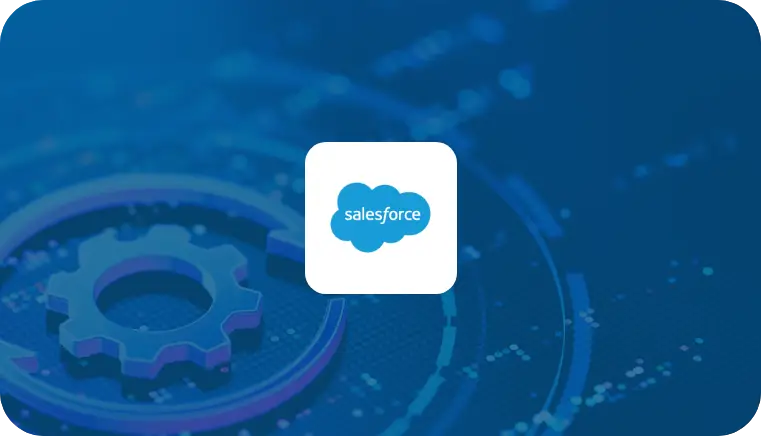 Axion salesforce digital integration concept with Salesforce logo on a blue technology background featuring gear and network elements.