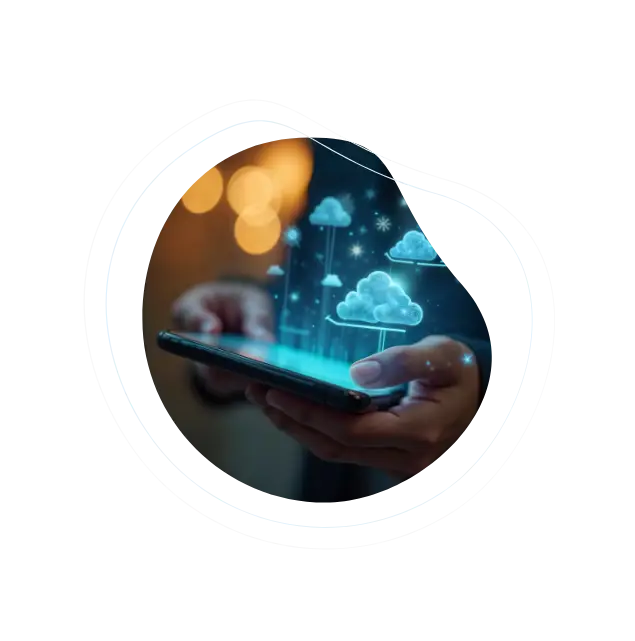Axion Communications business phone system cloud technology illustration with data transfer and connectivity icons.