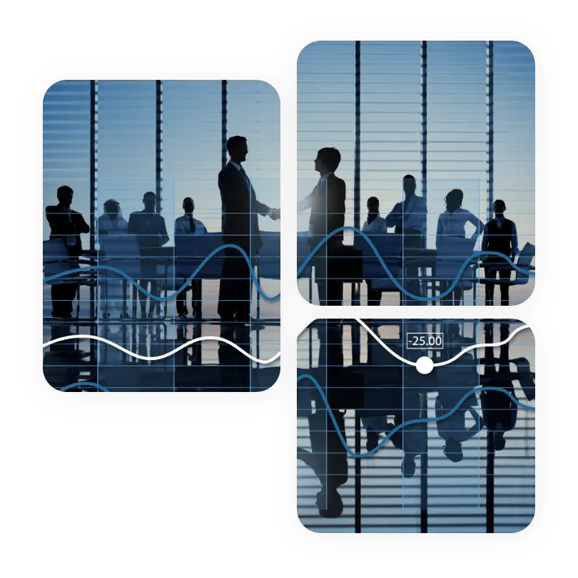 Axion partnership business professionals in a boardroom shaking hands with financial graphs overlayed, representing strategic collaboration and growth.
