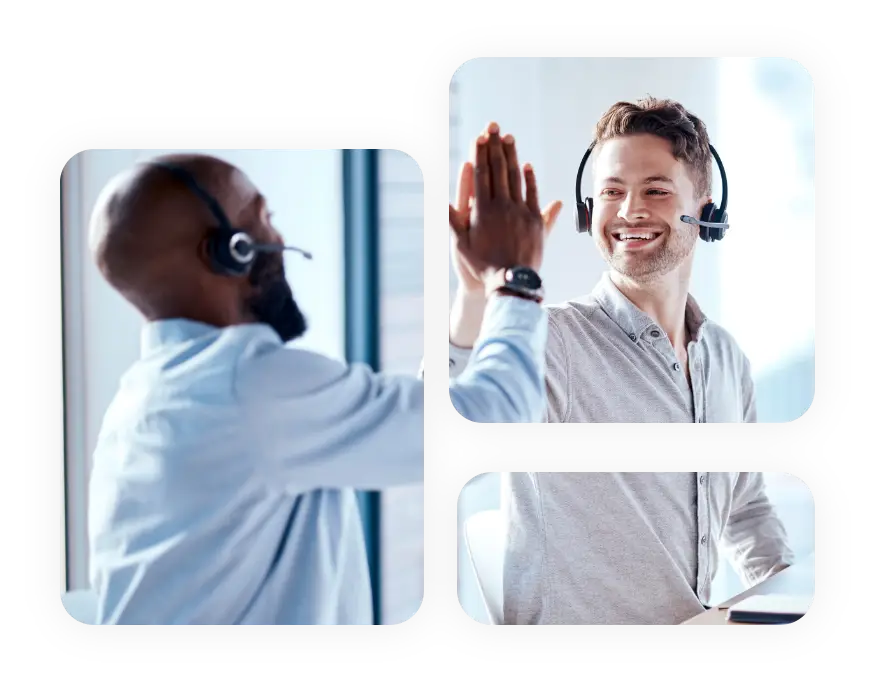 Axion support team members wearing headsets giving a high-five while working together.