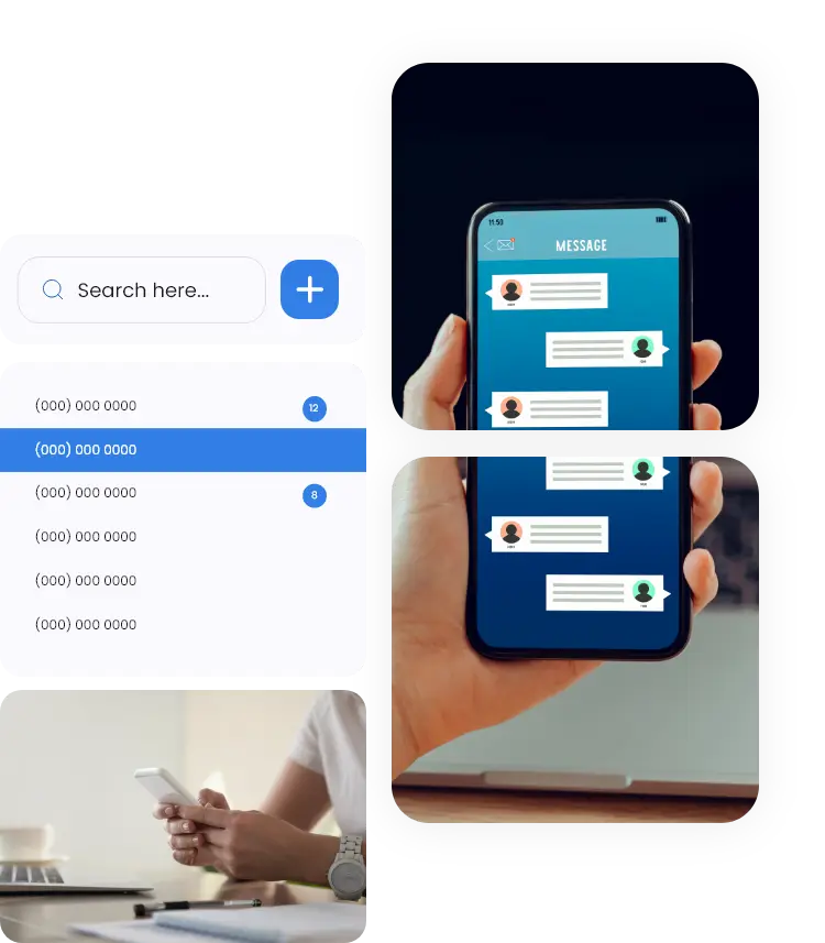 Business SMS solution interface showing search contacts, unread messages list, and a person using a smartphone for messaging.
