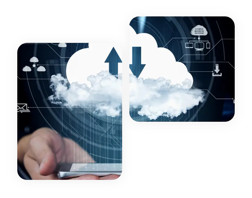 Axion communications business phone system concept with a person holding a smartphone displaying digital cloud icons.