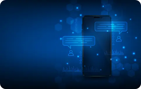 Chat smartphone displaying digital chat bubbles with user icons and data visualizations on a blue technology background.