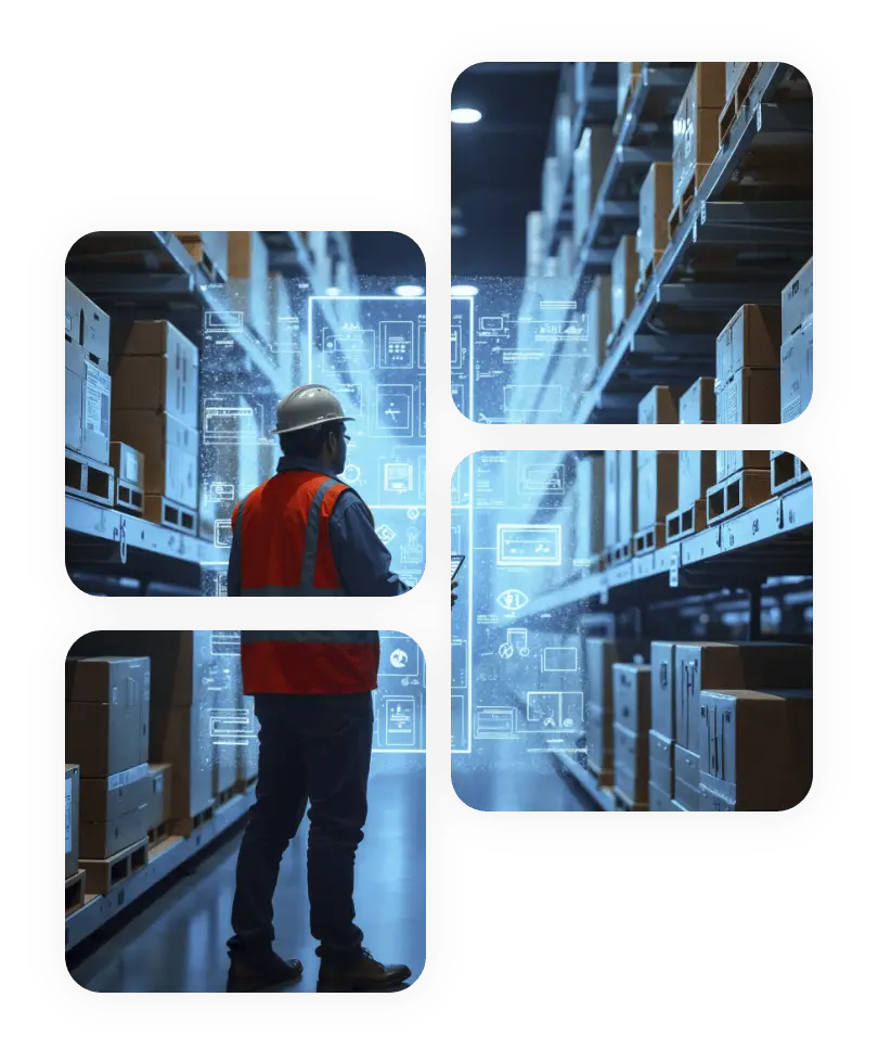 Axion Communications consumer services warehouse worker using digital technology for inventory and logistics management.