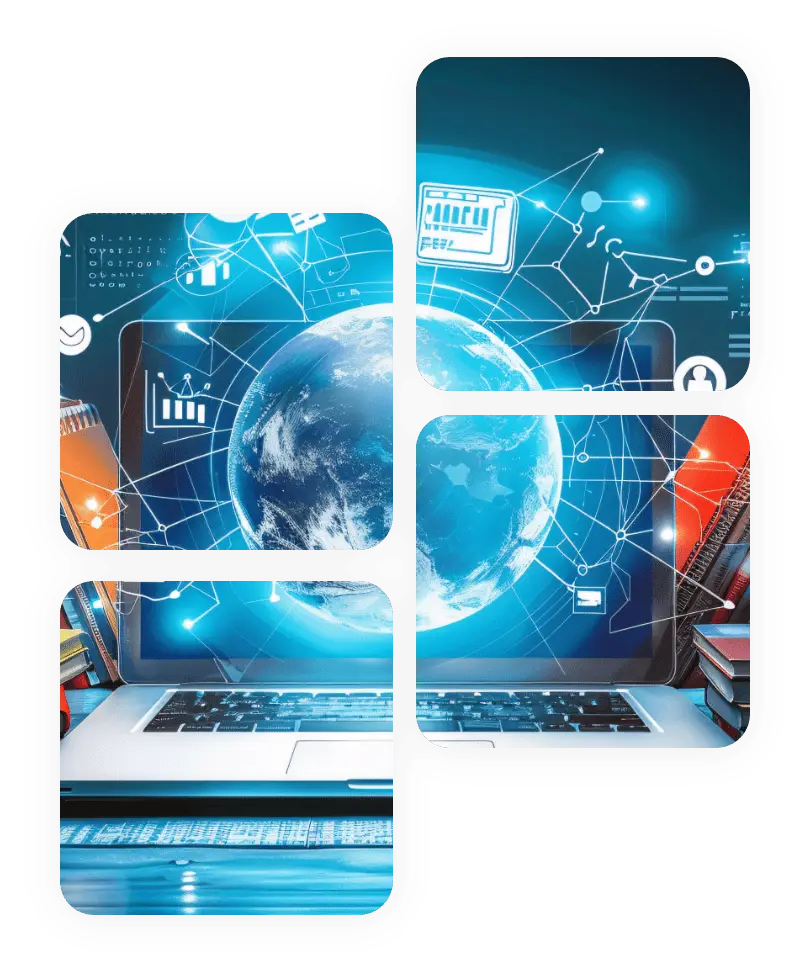 Axion Communications education technology concept with laptop, globe, and digital network connections for global learning.