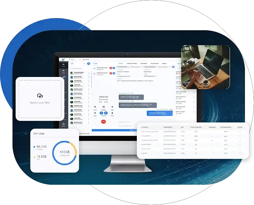 Axion File Transfer usage dashboard showing storage use, file activity, and download history.