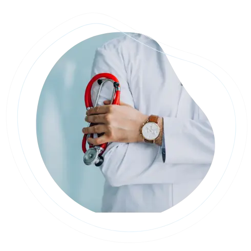 Axion healthcare professional holding a red stethoscope, symbolizing medical care and health services.