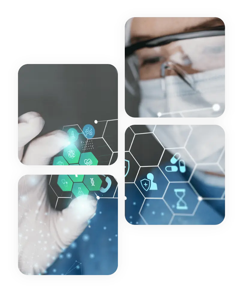 Healthcare medical professional using futuristic digital interface with healthcare icons, wearing gloves, mask, and protective eyewear.