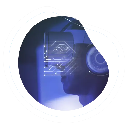 High Tech at Axion communication person wearing a virtual reality headset and headphones, overlaid with digital circuit patterns, symbolizing advanced technology and immersive digital experiences