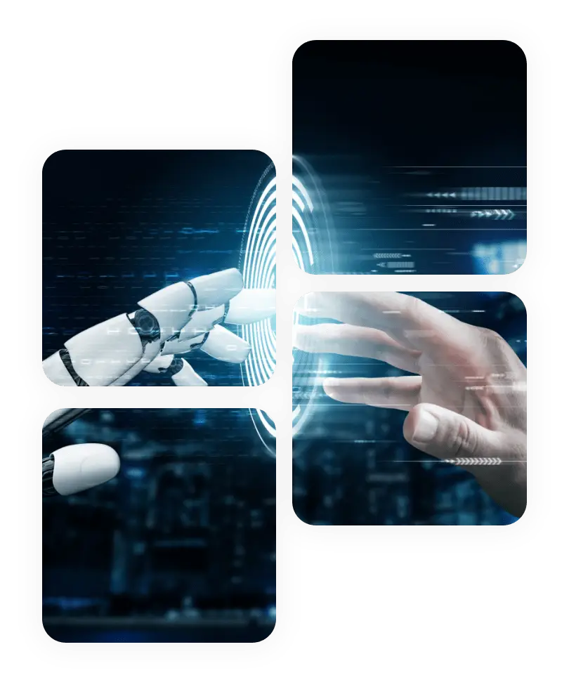 High tech robotic hand and human hand reaching towards a digital interface with futuristic technology elements.