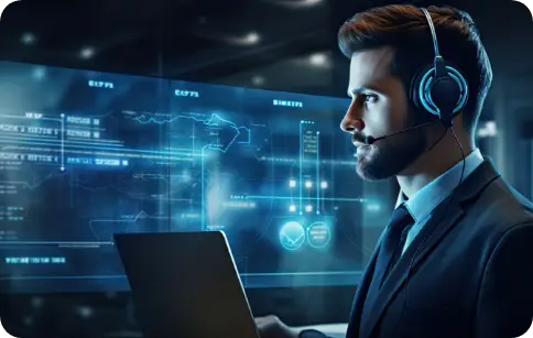 IVR man with headset using a laptop in front of digital interface screens displaying data, maps, and communication analytics.