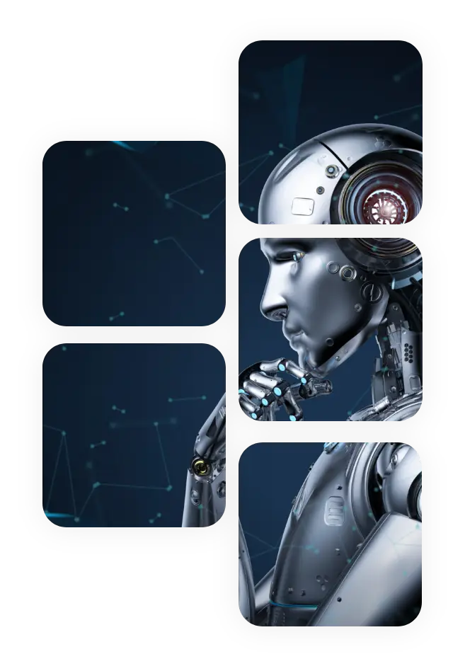 Meeting solutions futuristic humanoid robot with a thoughtful pose against a digital network background, symbolizing AI-driven collaboration.