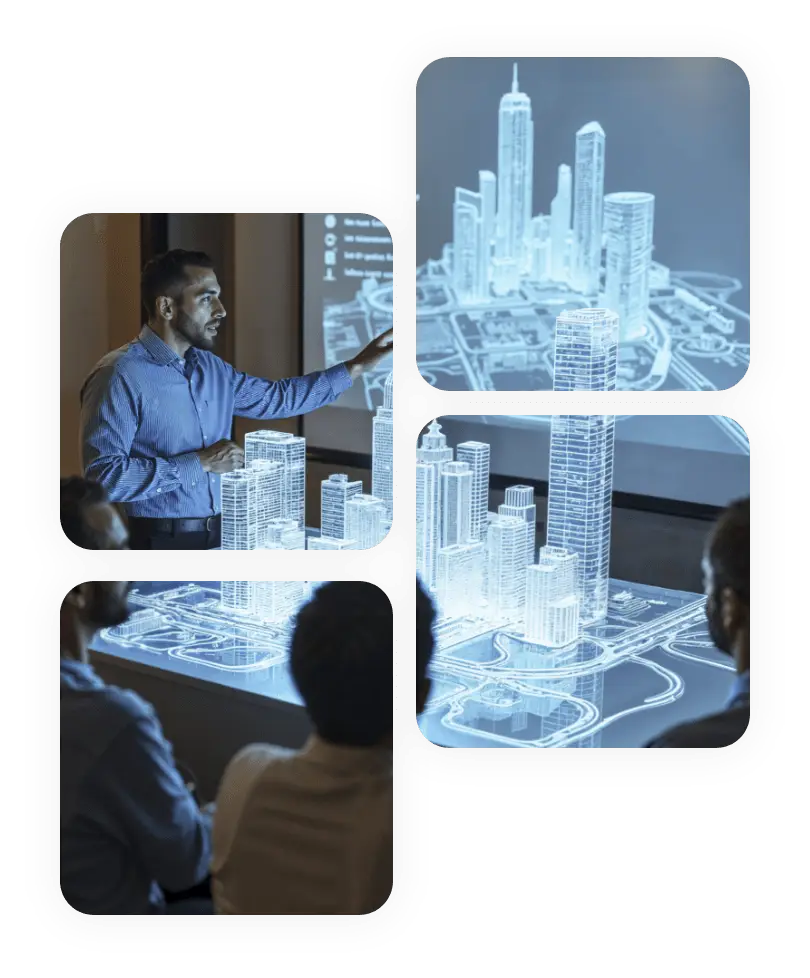 Real estate professional presenting a 3D digital model of a modern city skyline to clients, showcasing urban development plans.