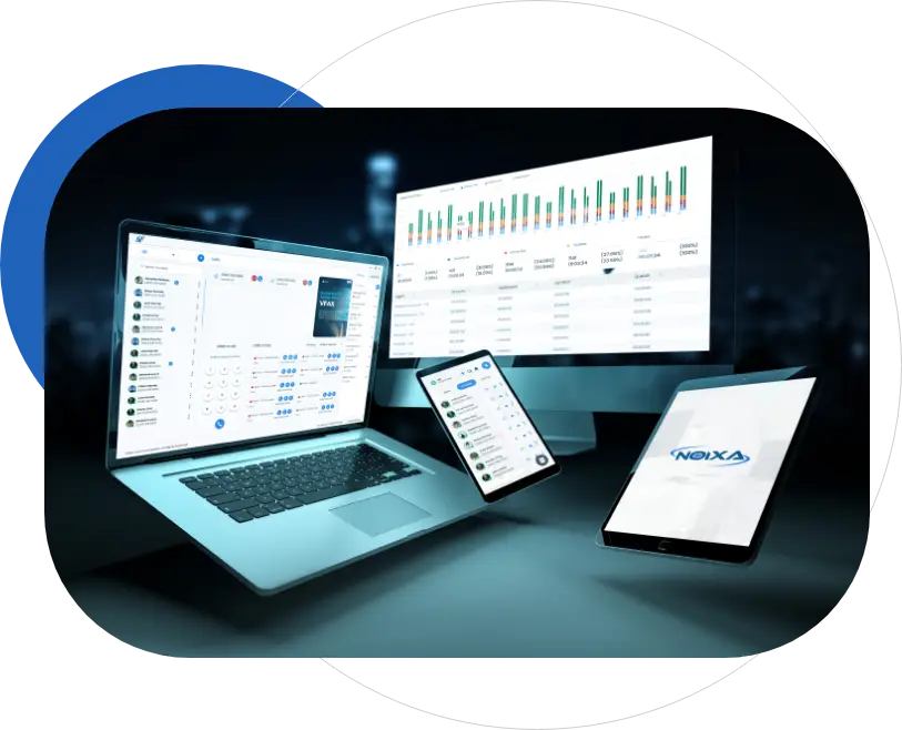 Axion Communications showcasing team chat solutions across laptop, tablet, and desktop for seamless collaboration.