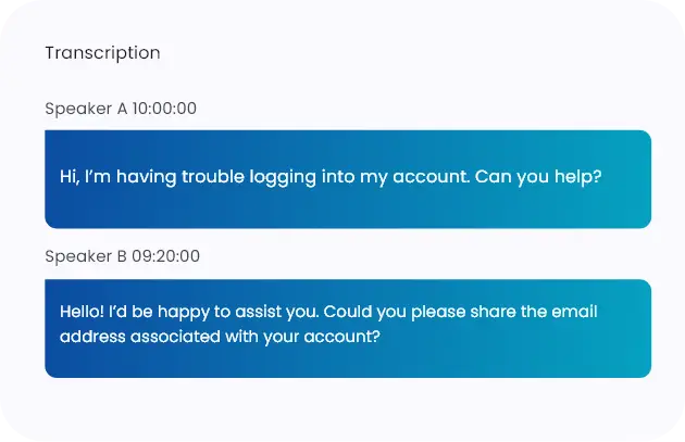 Meeting solutions transcription interface showing a conversation between two speakers discussing account login assistance.
